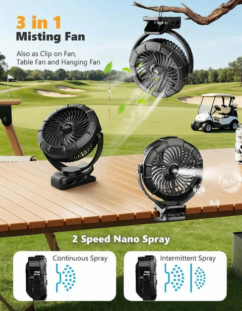 Rechargeable Clip On Mist Fan With Bright Led Light And Smooth Swivel For Golf Carts Strollers Rv Trips And Camping Chases The Sweat Keeps You Wicked Chill All Weekend Long Portable Spray Cooler Sweet Ride Gear on golf course with sprays.