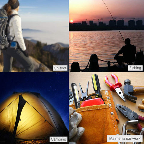 Collage of outdoor activities: hiking, fishing at sunset, camping with lit tent, tools for maintenance work.