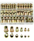 Heavy Duty Flat Head Rivet Nut Inserts Assortment 150 Pieces M3 M5 M6 Carbon Steel packaged in a clear storage box.