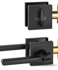 Entry Lever Door Handle Set With Single Cylinder Deadbolt, Slim Square Lever, Reversible, Heavy Duty Iron Black Finish
