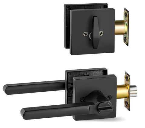 Entry Lever Door Handle Set With Single Cylinder Deadbolt, Slim Square Lever, Reversible, Heavy Duty Iron Black Finish
