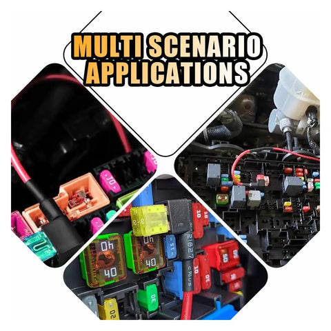 12V Car Add A Circuit Fuse Tap Adapter Kit installed in car and boat fuse boxes, demonstrating multi-scenario applications with 15A fuses.