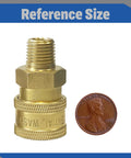 Brass Quarter Inch Quick Connect Male NPT Pressure Washer Coupler next to a penny for size reference