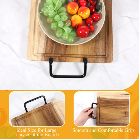 Heavy Duty Matte Black Iron Pulls For Cutting Boards And Serving Trays 8 Pack Cabinet Hardware attached to a wooden tray with fruit.