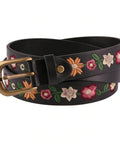 Women's Floral Embroidered Black Leather Belt With Antique Brass Buckle And Vintage Boho Country Style Soft Pu Leather Waistband, 30mm wide.