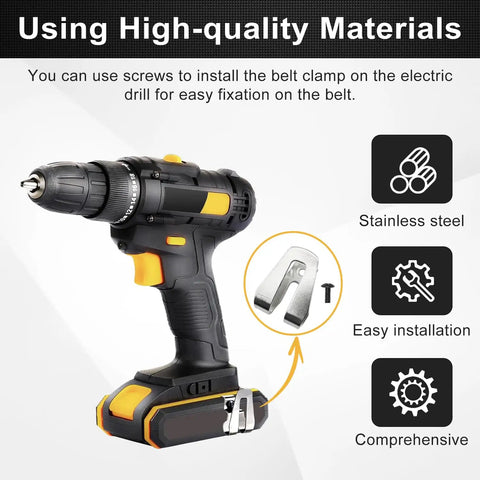 Cordless drill with "4 Pack Belt Hook Replacement Clips With Screws 636181001 633586002 For 18V Cordless Tools, Easy Clip On" description