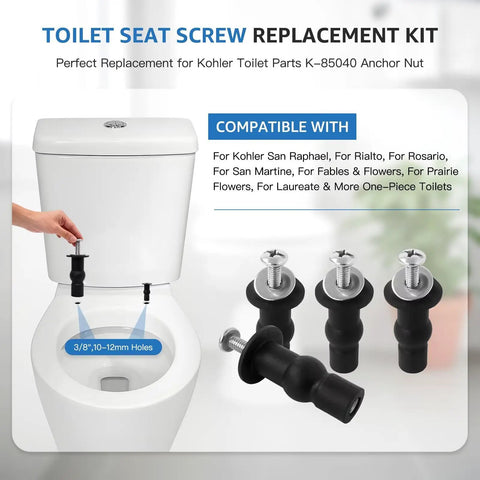 4 Pack Toilet Seat Bolts Kit With Nuts And Washers For Top Mount Hinges Fits Three Eighths Inch Mounting Holes Ten To Twelve Millimeter Durable Stainless Steel Gaskets Replacement Hardware Easy Install shown with compatible toilets
