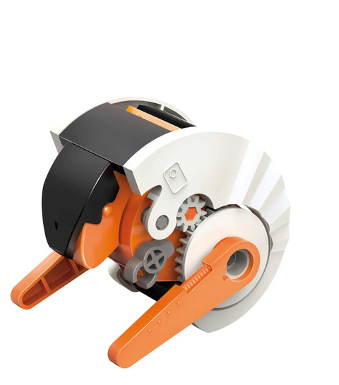 Eight In One Solar Robot Kit For STEM Fans Super Easy To Build Eight Solar Powered Robots In Minutes No Batteries Needed Solar Panel Included Learn Solar Energy And Tech With A Drummer Bot Racer Bot Tank Bot Armadillo Bot Dino Bot And More. solar robot with white and orange plastic gears
