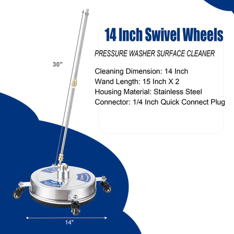 14 Inch Pressure Washer Surface Cleaner With 4 Wheels Stainless Steel Attachment For Concrete Driveways One Quarter Inch Quick Connect