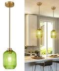 Farmhouse Island Lights for Kitchen with green hand-blown glass shade and gold accents, ideal for kitchen pendant lighting over island.