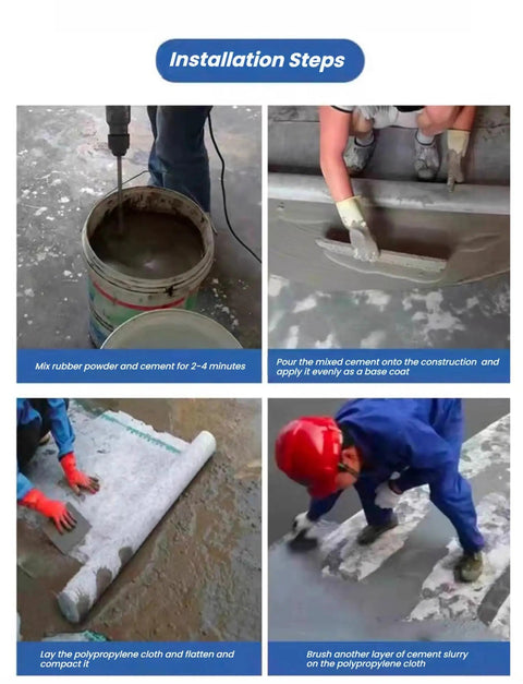 Installation steps for Heavy Duty Waterproof Roof Underlayment Roll With Breathable Polyethylene Fabric, mixing and applying cement.
