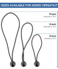 Three Beefy Heavy Duty Ball Bungee Cords showing 11 inch with 1 inch nylon ball, alongside 9 inch and 6 inch sizes for tarp tie down.