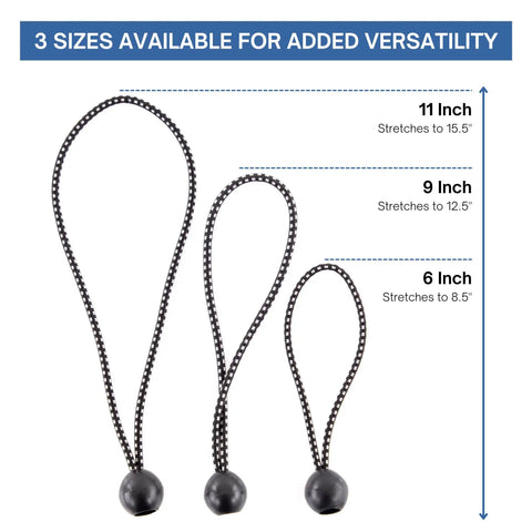 Three Beefy Heavy Duty Ball Bungee Cords showing 11 inch with 1 inch nylon ball, alongside 9 inch and 6 inch sizes for tarp tie down.