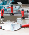 Premium Stainless Steel Drywall Tool Kit With 9 In 1 Putty Knife Set Including Joint Knife Taping Knife Paint Scraper And Mud Pan displayed