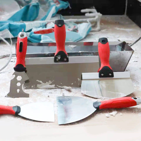 Premium Stainless Steel Drywall Tool Kit With 9 In 1 Putty Knife Set Including Joint Knife Taping Knife Paint Scraper And Mud Pan displayed