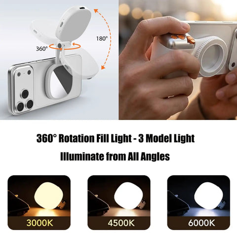 Phone Camera Grip With Light And Wireless Remote, Magnetic Ring, 360 Degree LED Selfie Light for iPhone and Android in use