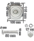 Dimensions of caster wheel top plate and bolt, Beefy Heavy Duty Caster Wheels Set With Top Plate Swivel And Fixed Casters.