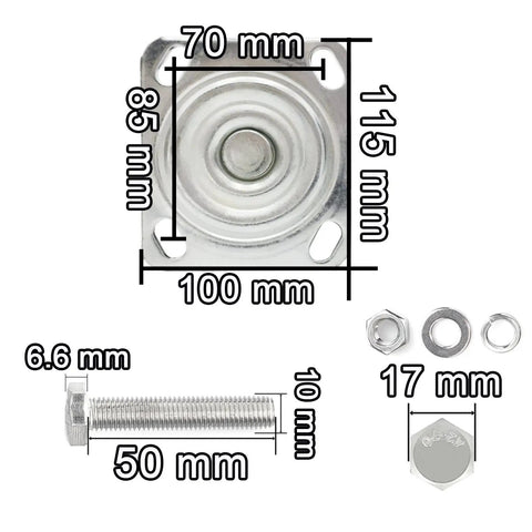 Dimensions of caster wheel top plate and bolt, Beefy Heavy Duty Caster Wheels Set With Top Plate Swivel And Fixed Casters.