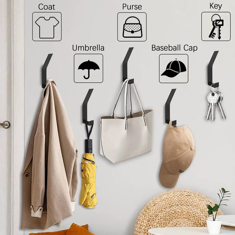 Six Hooks Heavy Duty Wall Mount Coat Rack Set, Built To Last Aluminum Alloy Hooks With 5 Inch Long Arms in use holding items