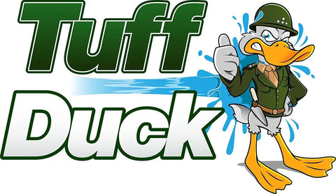 Cartoon duck in military outfit next to 'Tuff Duck' logo with splash detail.