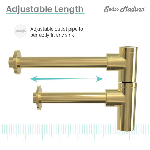 Gold Bottle Trap Drain With Push Buttons And QQ Feet For A Bathroom Upgrade Durable Finish And Color Options Easy To Install Slick Modern Gold Look To Elevate Your Space showcasing adjustable length feature