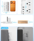 Diagram of Tower Power Strip With 20W USB-C PD Fast Charging, 12 Outlets, 5 USB Ports Including 3 USB-C, 1800J Surge Protector, compact size.