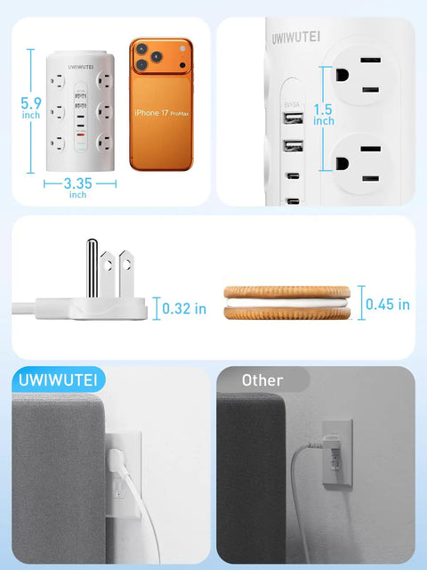 Diagram of Tower Power Strip With 20W USB-C PD Fast Charging, 12 Outlets, 5 USB Ports Including 3 USB-C, 1800J Surge Protector, compact size.