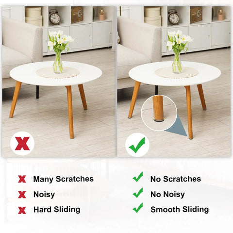 Comparison of table legs with and without Top Shelf Furniture Sliders For Hardwood Tile And Carpet Floors 24 Piece Reusable Half Inch Round Chair Glides.
