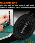 Pro Level 7.25 Inch Miter Saw Protractor CNC Machined Aluminum Alloy demonstrating single miter cut measurement on green mat.