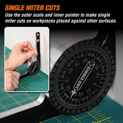 Pro Level 7.25 Inch Miter Saw Protractor CNC Machined Aluminum Alloy demonstrating single miter cut measurement on green mat.