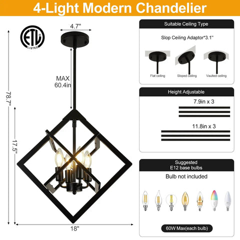 Modern Eighteen Inch Black Chandelier Four Light Industrial Pendant with adjustable height for dining room and kitchen island.