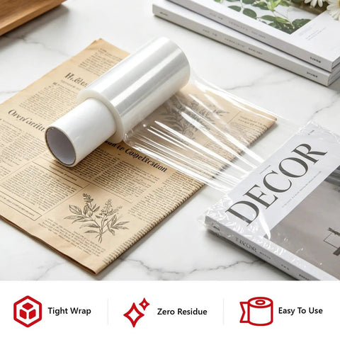5 Inch X 492 Ft Stretch Roll Handle, Self Adhesive Shrink Film for Packing Moving Storage on a table with magazines and newspaper.