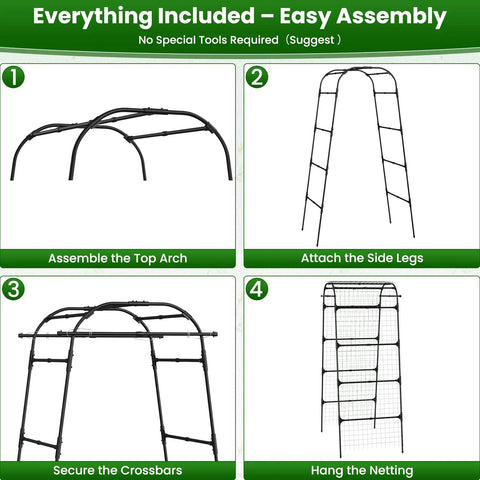 Step-by-step assembly of Heavy Duty Garden Arch Trellis For Climbing Plants With Walk Through Metal Frame And Netting Seven Point Two Feet Tall