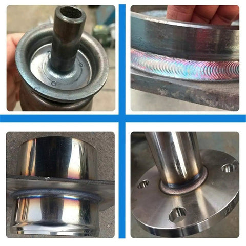 Rock Solid Kickass Welding Rotary Positioner With 180Mm Turntable And 65Mm Chuck Designed For Mig Tig Pipe Seam Fabrication At 0 To 90 Degree Angles Includes Foot Switch showing welded flanges and pipes.
