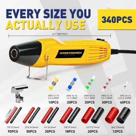 340 Piece All In One Solder Seal Wire Connector Kit With 3 To 1 Heat Shrink Tubing In Six Sizes And A 350W Dual Temperature Heat Gun