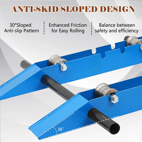 Heavy Duty Cable Drum Roller Dispenser with 30° sloped anti-slip design for easy rolling and stability in blue steel