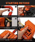 Steps to start Gas Powered 52cc Earth Auger Post Hole Digger with 12 Inch Extension Bar and 4/6/8 Inch Bits, focusing on switches and dials.