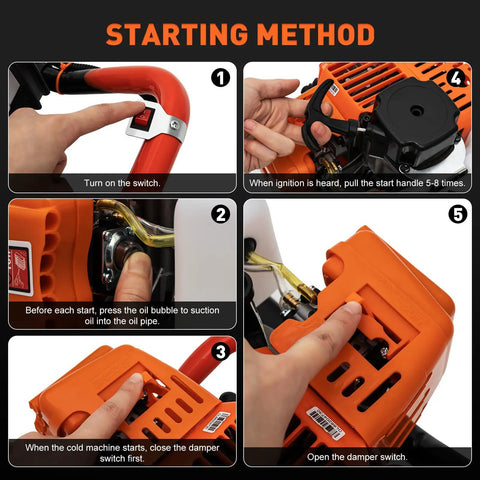 Steps to start Gas Powered 52cc Earth Auger Post Hole Digger with 12 Inch Extension Bar and 4/6/8 Inch Bits, focusing on switches and dials.