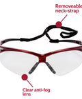 Nemesis Safety Glasses With Red Inferno Frame And Clear Anti-Fog Lenses, Lightweight Sporty Eyewear for Work with neck strap