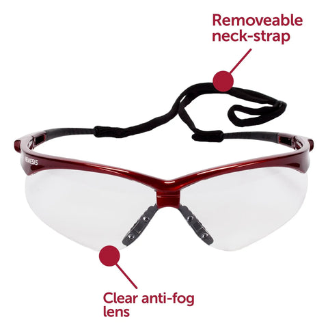 Nemesis Safety Glasses With Red Inferno Frame And Clear Anti-Fog Lenses, Lightweight Sporty Eyewear for Work with neck strap