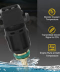 Engine coolant temperature sensor, close-up view, black plastic housing with brass probe and green O-ring.