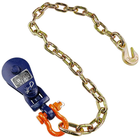 Heavy Duty 2 Ton Snatch Block With Chain, 3 Inch Single Sheave, 2 Ft Length, G70 Alloy Chain, Heat Treated And Corrosion Resistant, Mechanical Advantage For Safer, Easier Winching, Stronger Pull, Off Road Vehicle Recovery, blue snatch block with chain and hooks