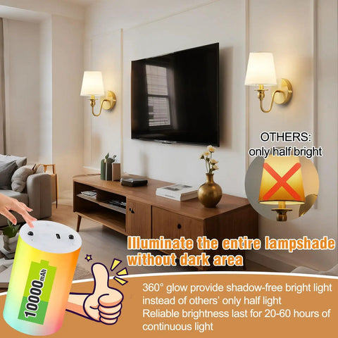 No Fuss Wall Sconces Set Of Two In Shiny Gold With Massive 10000 Mah Rechargeable Battery And Smart Remote For Dope Rgb Atmosphere Lighting Perfect For Renter Friendly Home Vibes showcasing gold wall sconces next to a TV in a modern living room with flower vase.