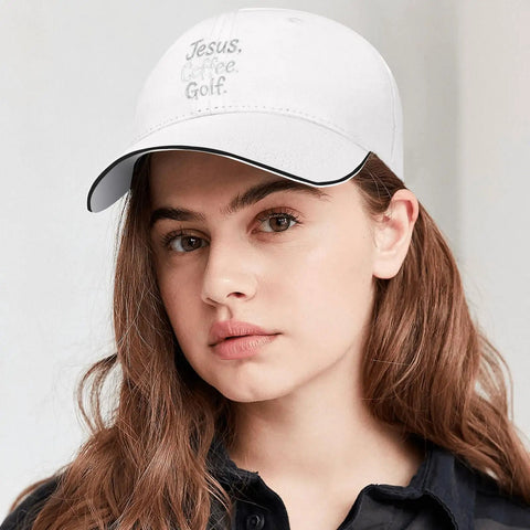 All Day Adjustable Golf Hat For Men And Women, Breathable Unisex Cap worn by woman, embroidered with text, casual outdoor style.