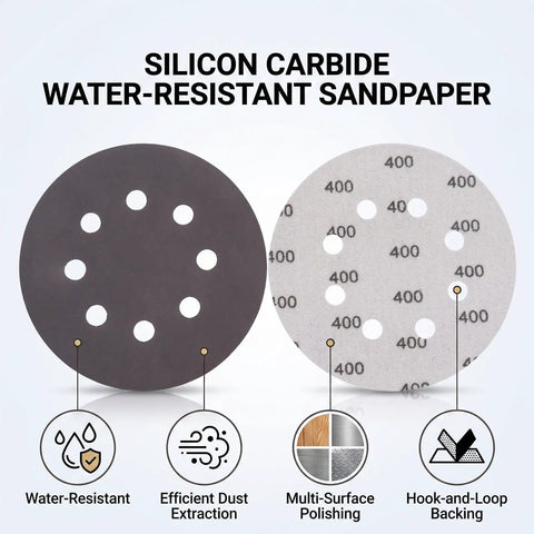 Heavy Duty 5 Inch Hook And Loop Sanding Discs With 8 Holes Premium Silicon Carbide Grit for Water-Resistant Sanding