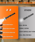 Comparison of BIIB LED magnetic pickup tool highlighting features like bigger button, new area lights, better grip, larger magnet base.