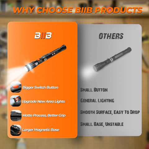 Comparison of BIIB LED magnetic pickup tool highlighting features like bigger button, new area lights, better grip, larger magnet base.