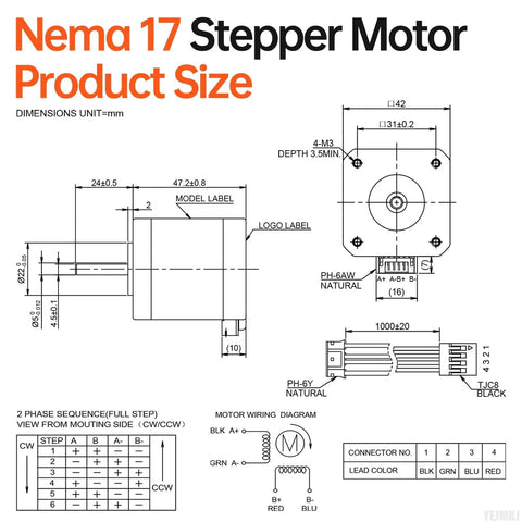 Technical drawing of high-torque NEMA 17 stepper motor dimensions and wiring