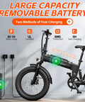 Kickin Folding Electric Bike For Adults with large battery charging, 36V 10.4Ah, black frame, thick tires for all terrain use.