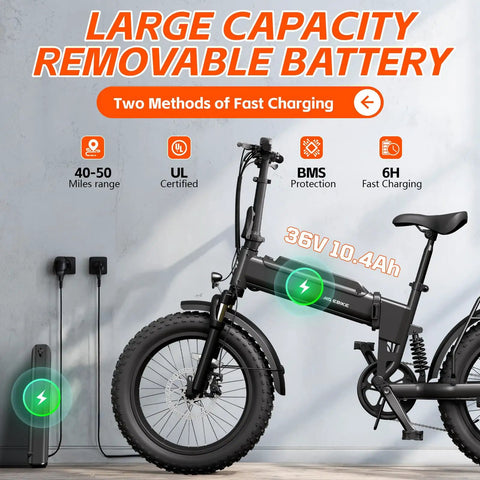 Kickin Folding Electric Bike For Adults with large battery charging, 36V 10.4Ah, black frame, thick tires for all terrain use.